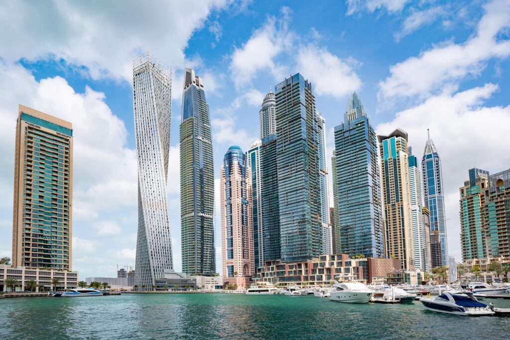 skyline, skyscrapers, buildings, cityscape, city, facades, edifice, architecture, modern architecture, waterfront, boats, nature, yachts, dubai, urban, modern, water, downtown, emirates, marina, towers, ships, port