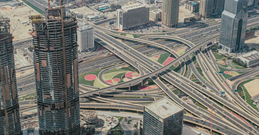 Explore Dubai's intricate roadways and futuristic skyline in this stunning aerial shot.