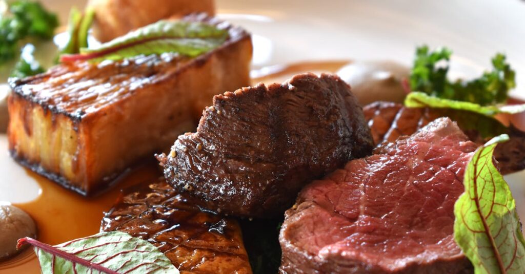 Delicious gourmet beef dish with vegetables, featuring vibrant presentation, perfect for food photography.