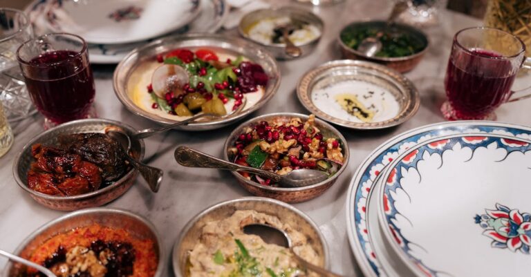 A traditional Turkish meal with various dishes and beverages in Istanbul, Türkiye.