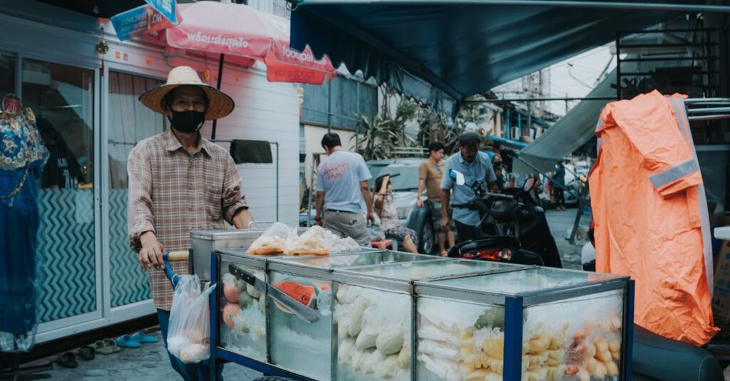 A vendor sells fresh fruit from a cart in a vibrant Bangkok street market.