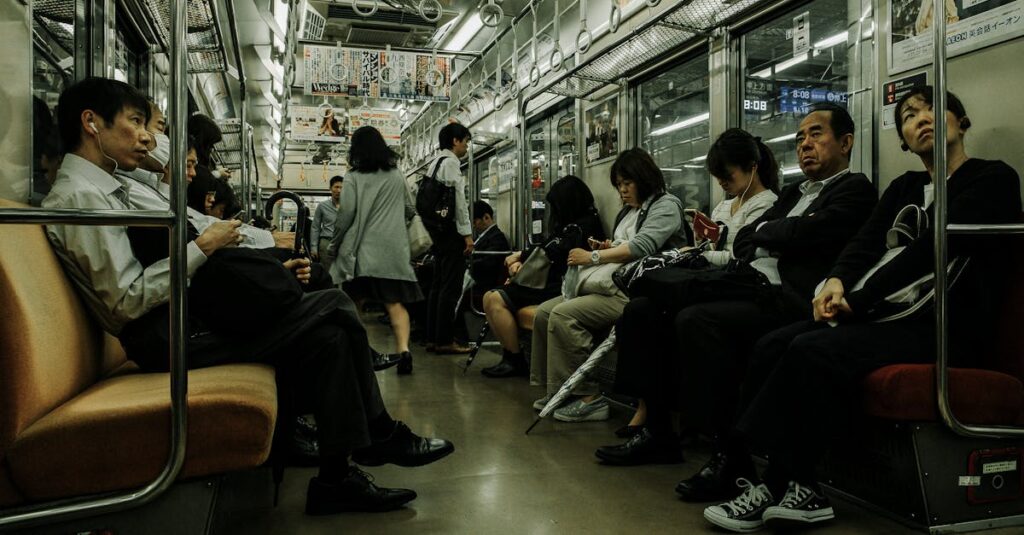 Passengers seated and standing in a busy subway train, showcasing daily public transportation.
