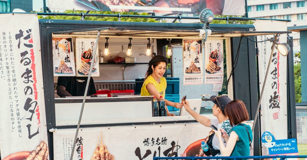 Street food vendor serves customers at a lively Japanese market.