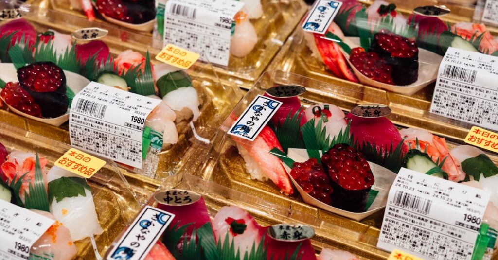 Freshly prepared assorted sushi in traditional Japanese packaging displayed in a market.
