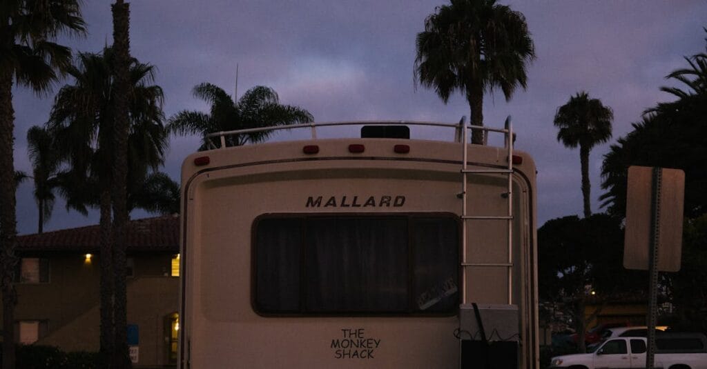 A retro RV parked under palm trees at dusk, capturing a tranquil outdoor scene.