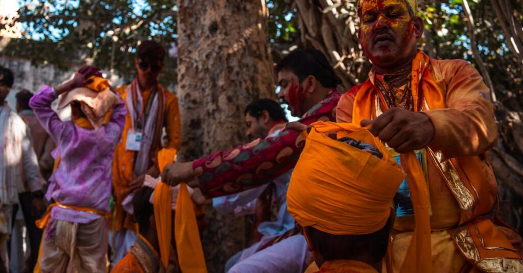 Colorful Holi festivities in Barsana, India featuring traditional costumes and rituals.