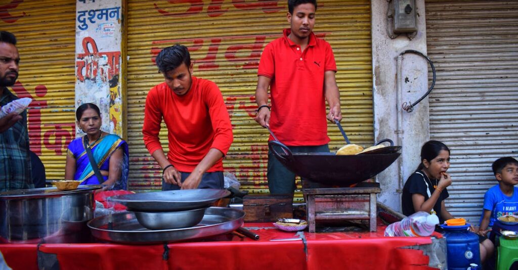 Street food vendors prepare delicious snacks in the bustling streets of Varanasi.