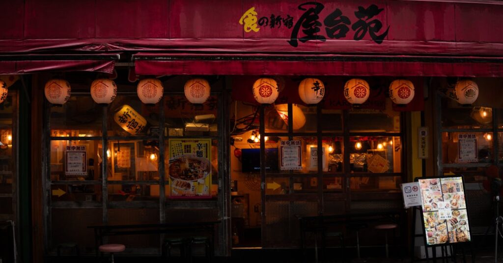 Cozy Japanese restaurant with red lanterns, inviting warm lights, and Asian signage.