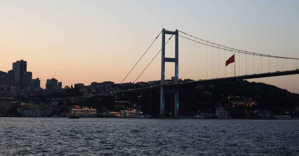 Scenic view of the Bosphorus Bridge at sunset in Istanbul, Turkey.