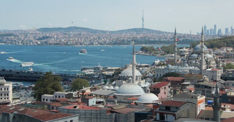 A stunning aerial view of Istanbul's skyline featuring historic mosques and the Bosphorus Strait.