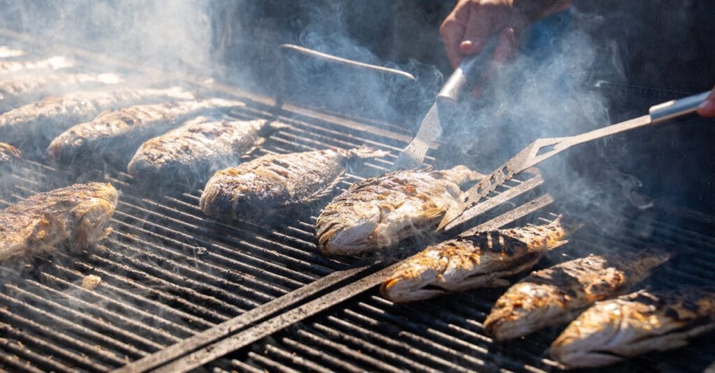 Smoky and flavorful grilled fish sizzling on a barbecue grill, captured outdoors in Ivanić-Grad, Croatia.