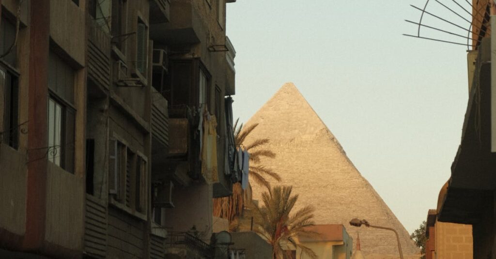 Urban street view with Giza Pyramid in the background, capturing Egypt's historic charm.