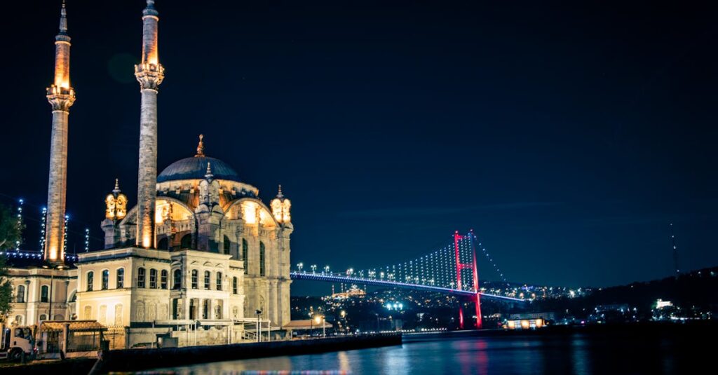 Stunning night view of the illuminated Ortaköy Mosque and Bosphorus Bridge reflecting over the water in Istanbul, Turkey.