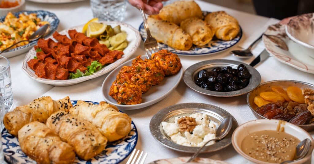 A rich display of traditional Turkish cuisine at a dining table in Gaziantep, Turkey.