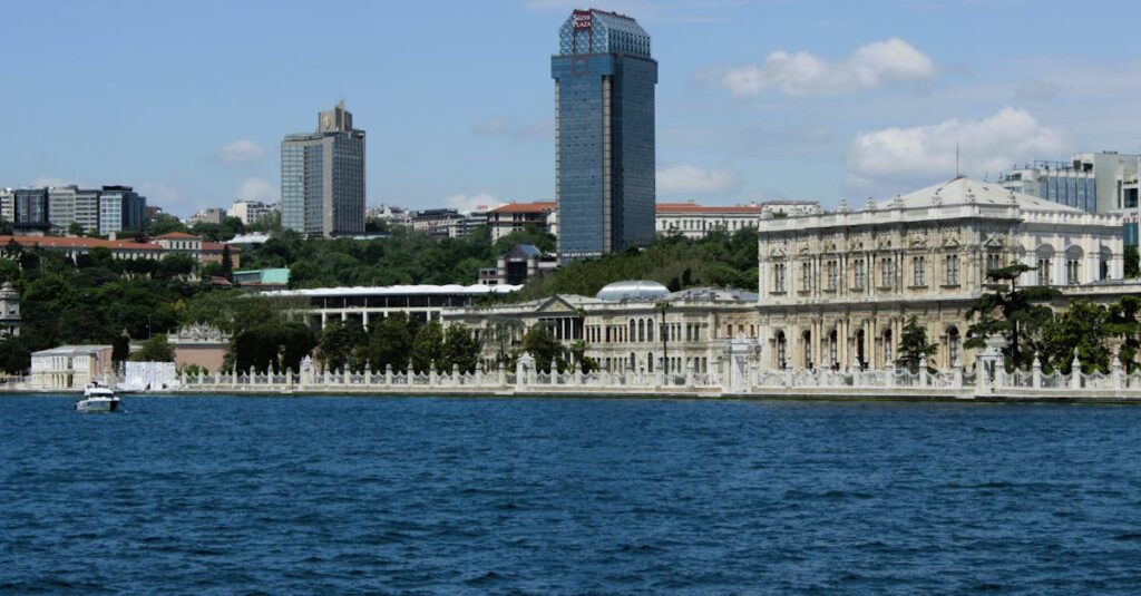 View of Dolmabahçe Palace and Istanbul skyline from the Bosphorus on a clear day.