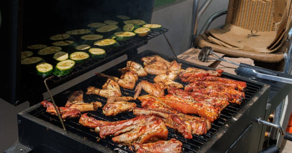 A backyard barbecue with grilled meats and vegetables on a sunny day, perfect for outdoor gatherings.