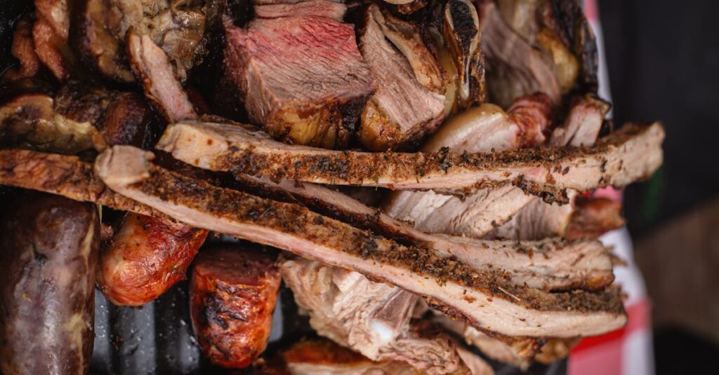 Closeup of a traditional Argentine asado featuring various cuts of grilled meats.