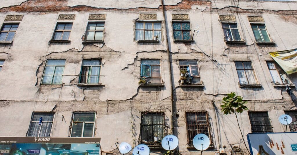 A worn and damaged building facade in Mexico City with satellite dishes and peeling walls.